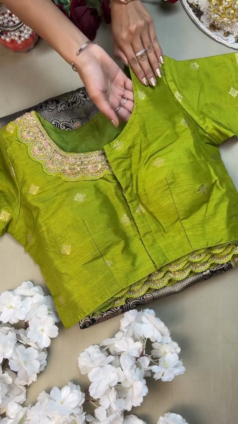 Midnight Bloom Banarasi Silk Saree with Contrast Embroidered Blouse – Available in Midnight Black & Lime Green - Image 3