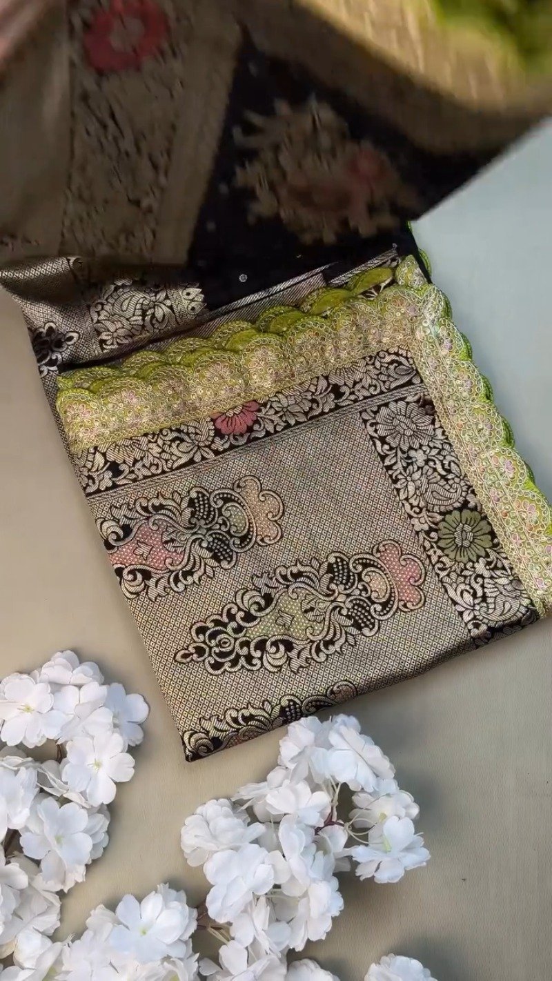 Midnight Bloom Banarasi Silk Saree with Contrast Embroidered Blouse – Available in Midnight Black & Lime Green - Image 4