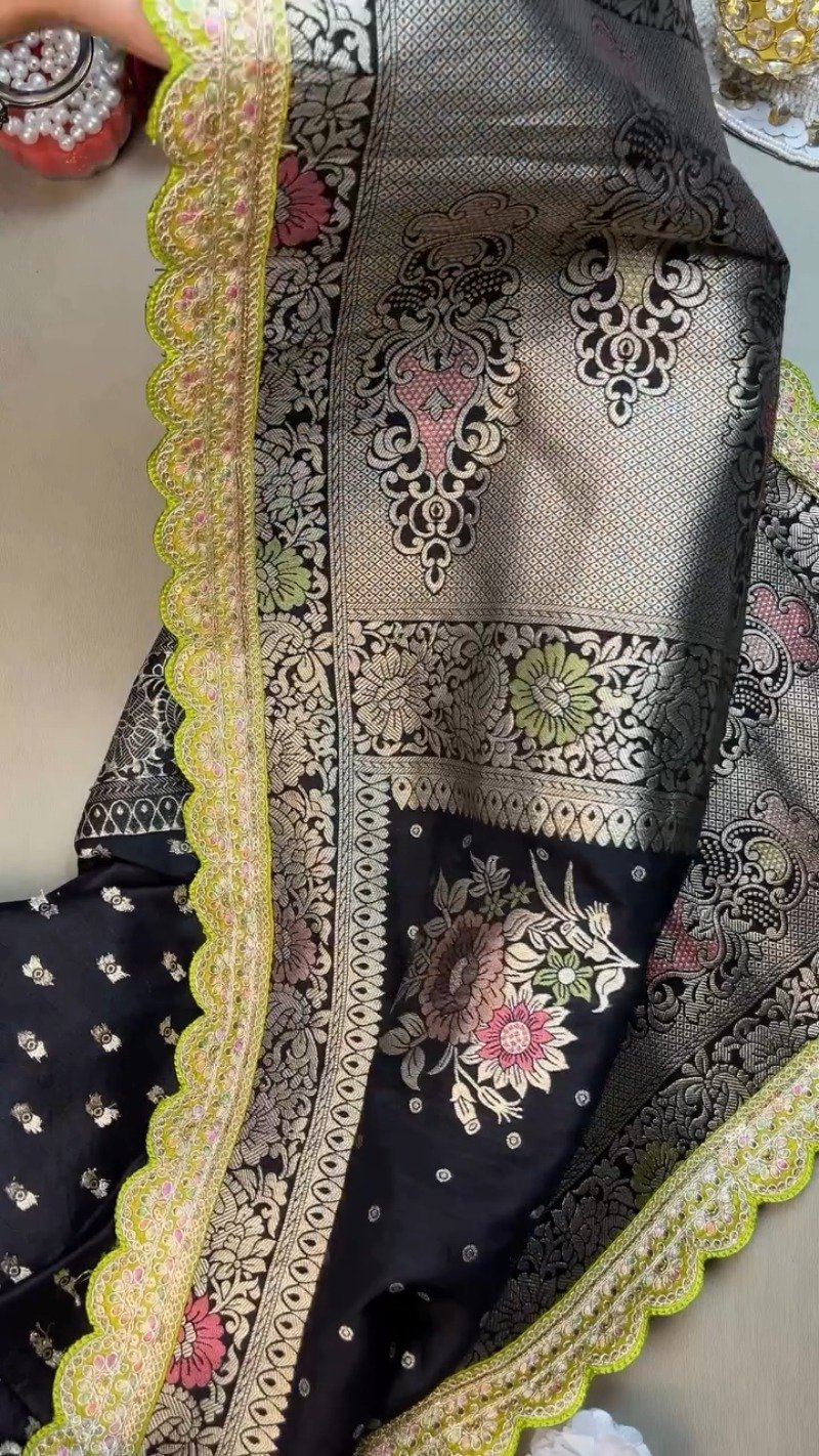 Midnight Bloom Banarasi Silk Saree with Contrast Embroidered Blouse – Available in Midnight Black & Lime Green - Image 5