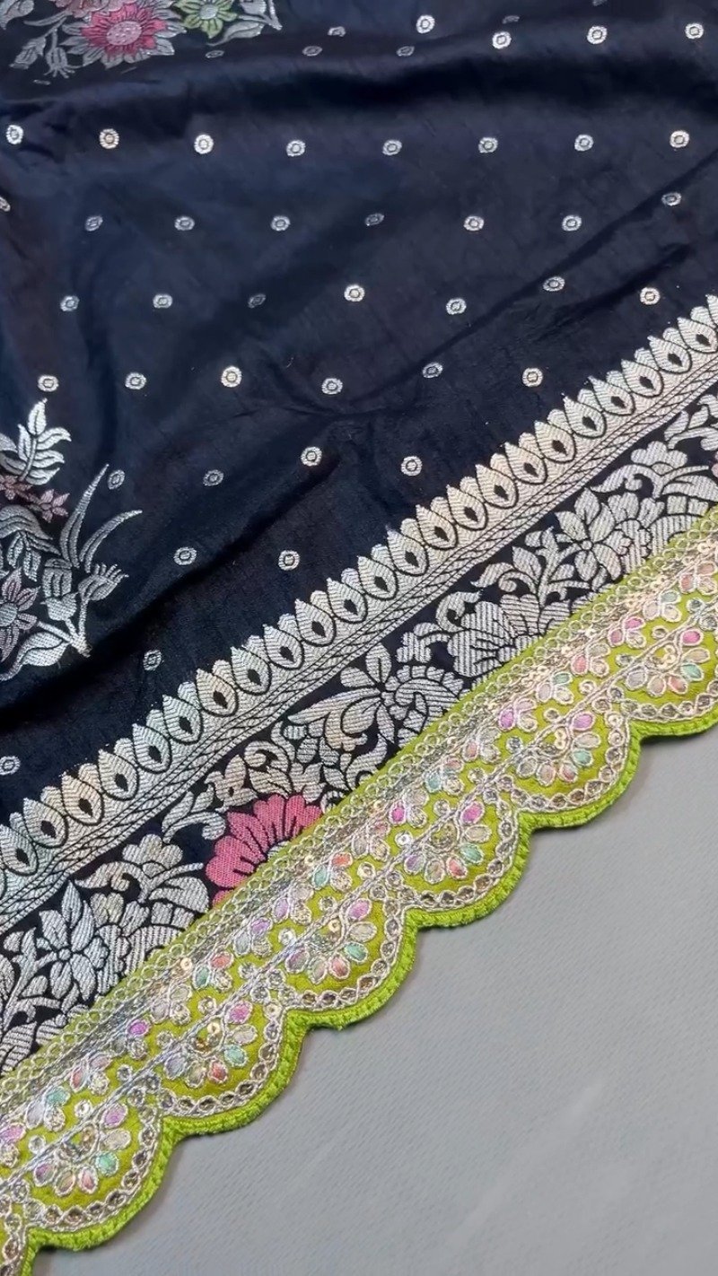 Midnight Bloom Banarasi Silk Saree with Contrast Embroidered Blouse – Available in Midnight Black & Lime Green - Image 6