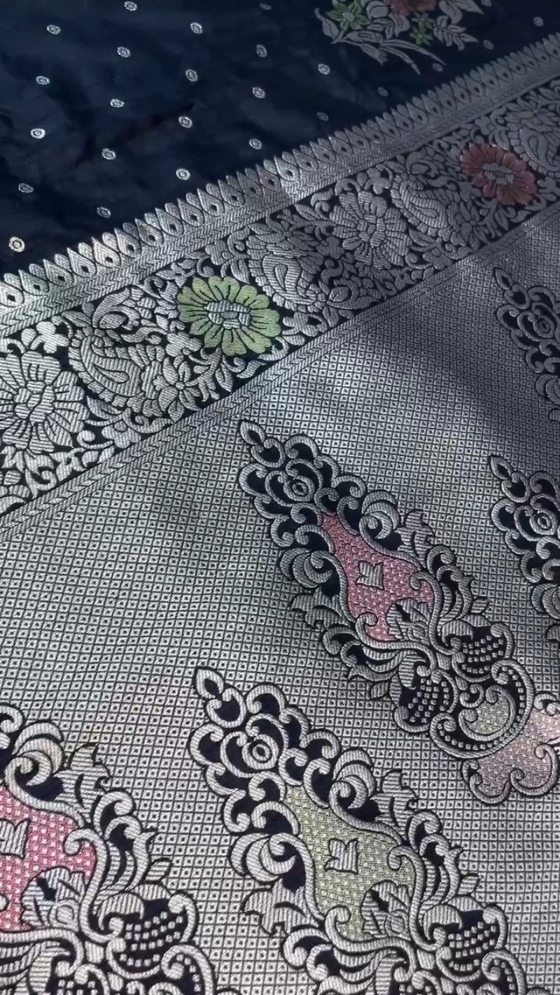 Midnight Bloom Banarasi Silk Saree with Contrast Embroidered Blouse – Available in Midnight Black & Lime Green - Image 7