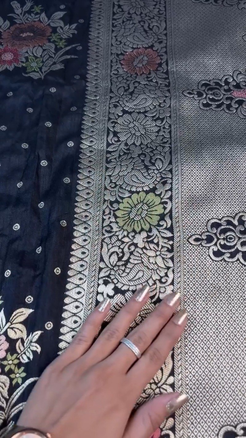 Midnight Bloom Banarasi Silk Saree with Contrast Embroidered Blouse – Available in Midnight Black & Lime Green - Image 8