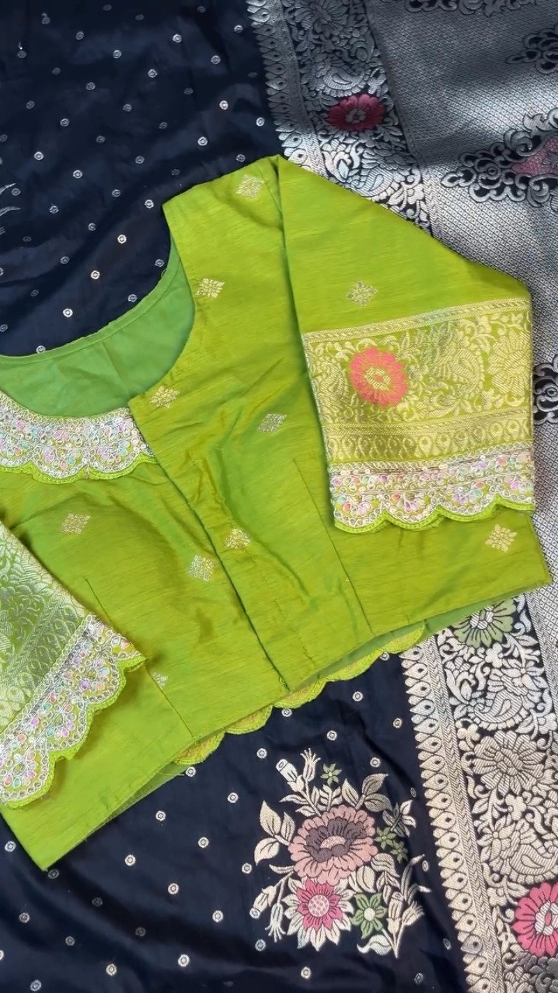 Midnight Bloom Banarasi Silk Saree with Contrast Embroidered Blouse – Available in Midnight Black & Lime Green - Image 9