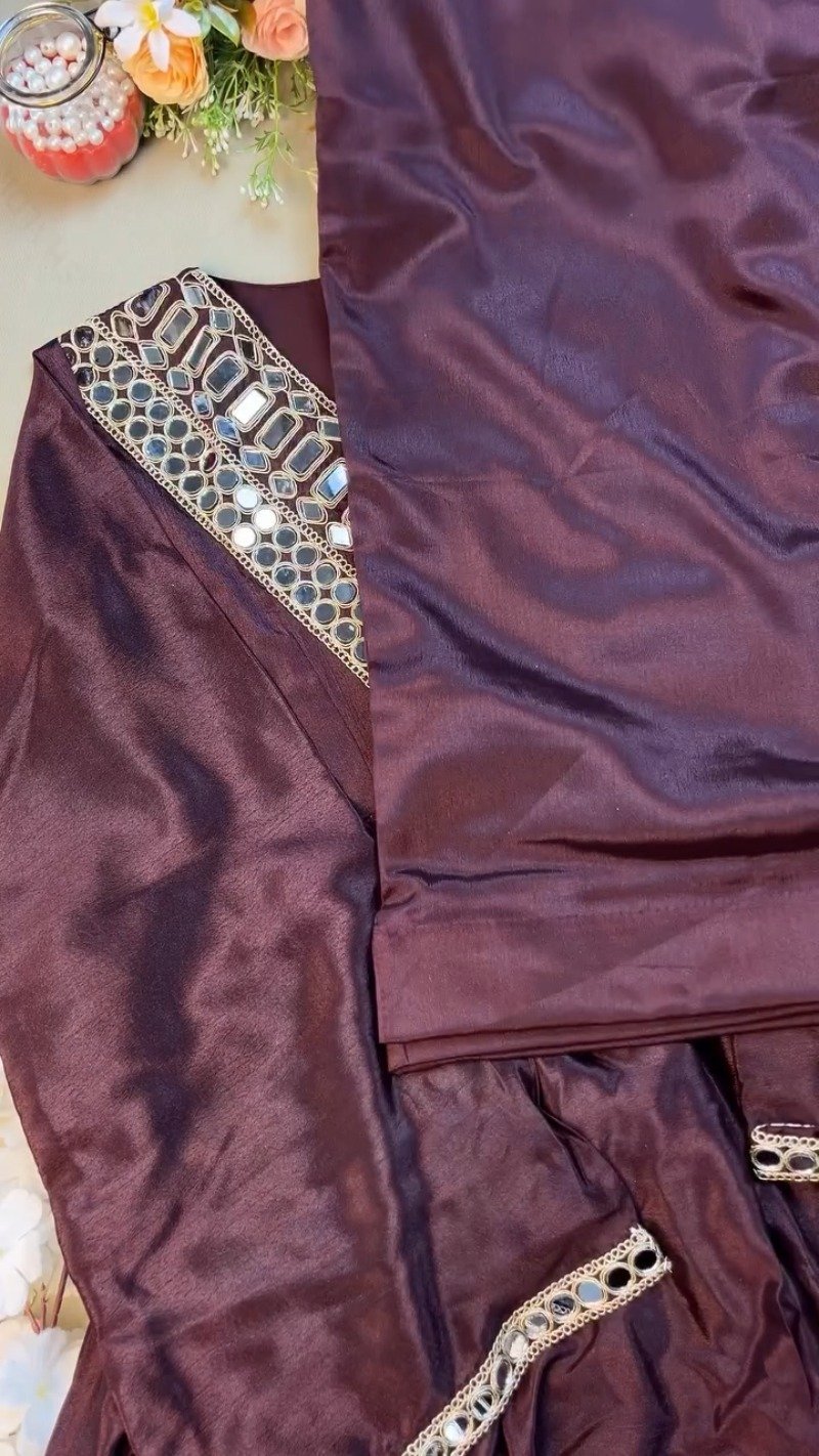 Deep Plum Mirror-Embellished Silk Kurta Set - Image 3