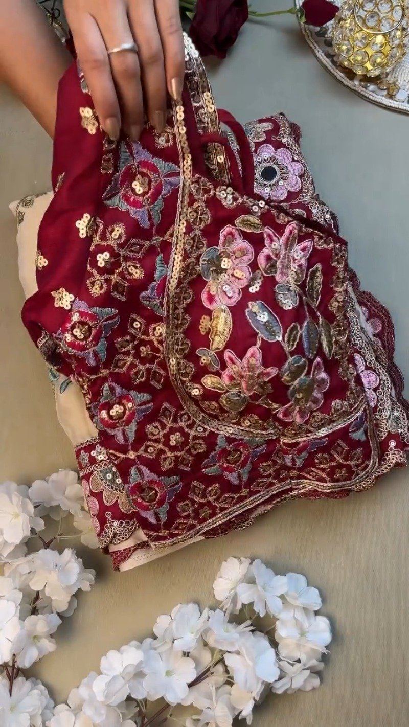 Regal Maroon & Soft Cream Embroidered Saree Ensemble – Available in Maroon & Cream - Image 2