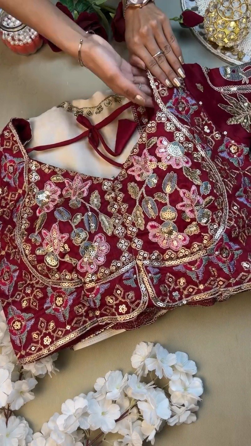 Regal Maroon & Soft Cream Embroidered Saree Ensemble – Available in Maroon & Cream - Image 3