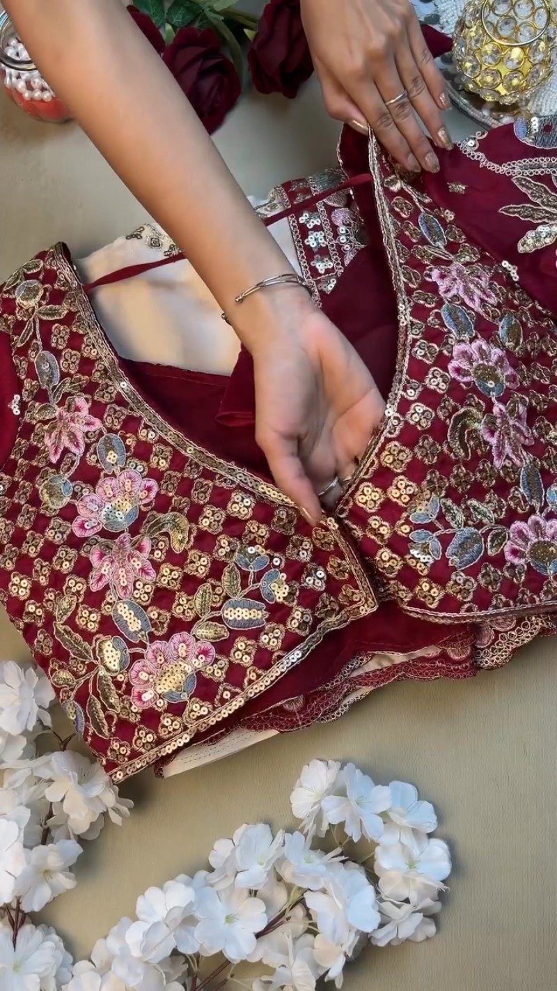 Regal Maroon & Soft Cream Embroidered Saree Ensemble – Available in Maroon & Cream - Image 4