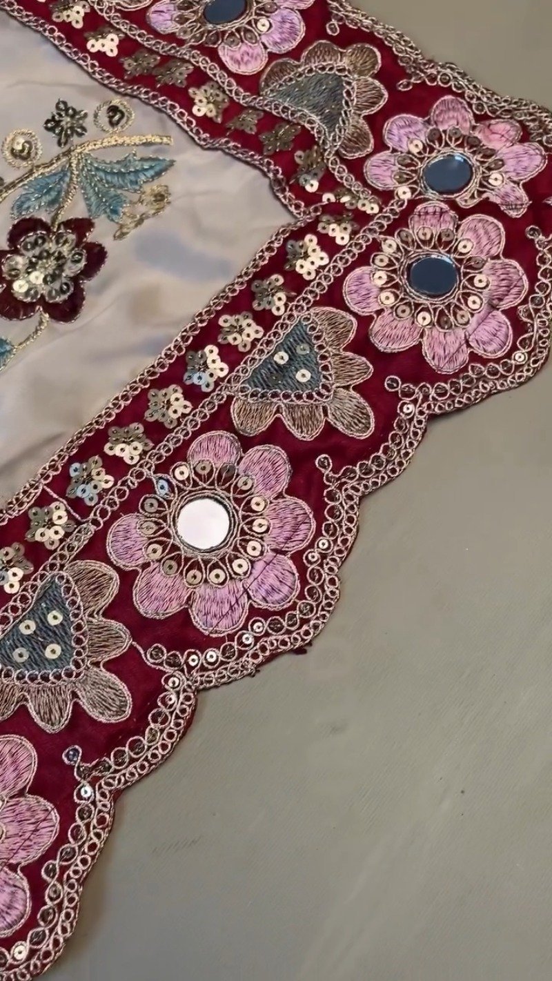 Regal Maroon & Soft Cream Embroidered Saree Ensemble – Available in Maroon & Cream - Image 7