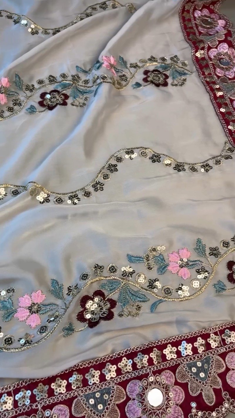 Regal Maroon & Soft Cream Embroidered Saree Ensemble – Available in Maroon & Cream - Image 8