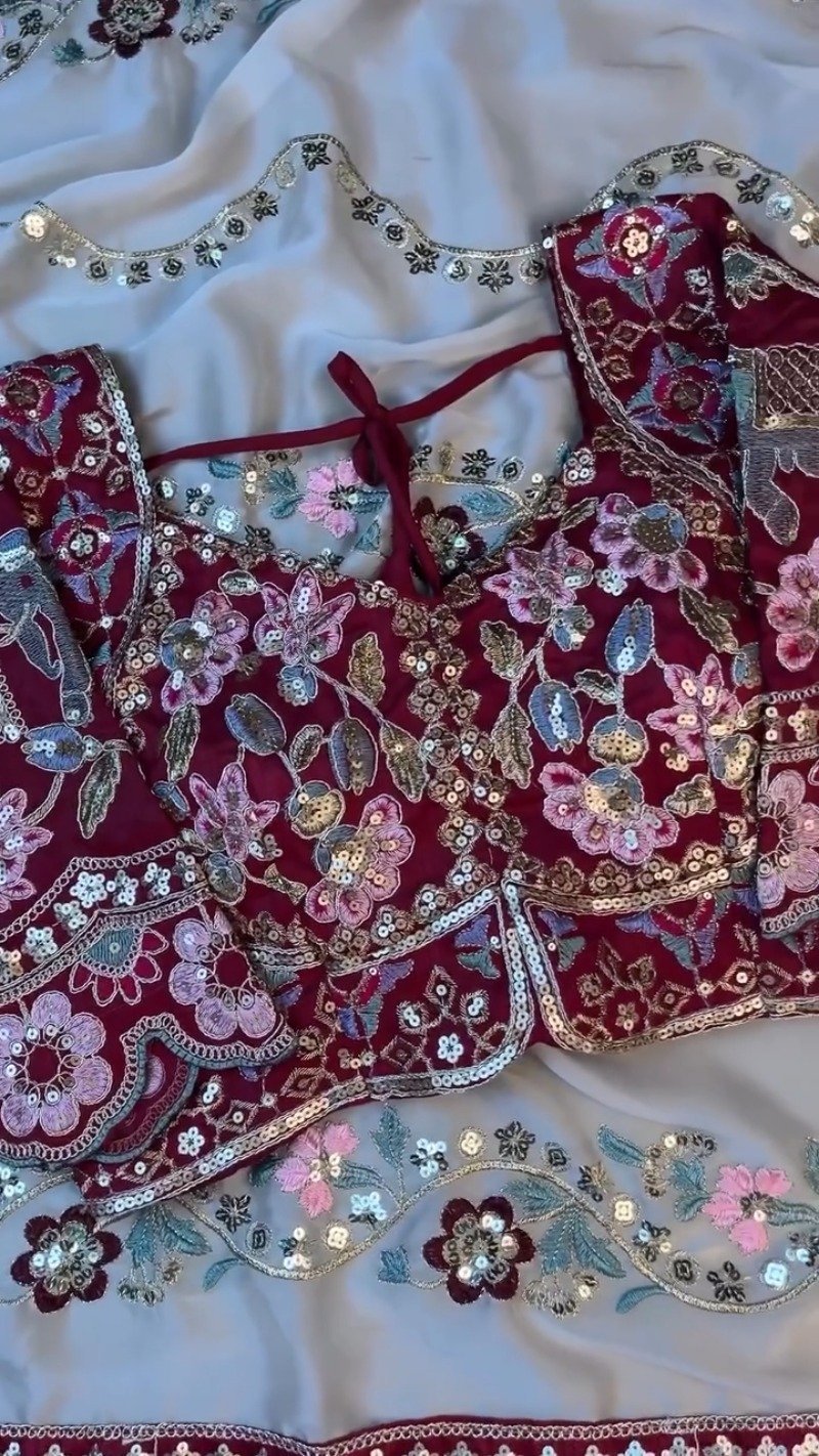 Regal Maroon & Soft Cream Embroidered Saree Ensemble – Available in Maroon & Cream - Image 9
