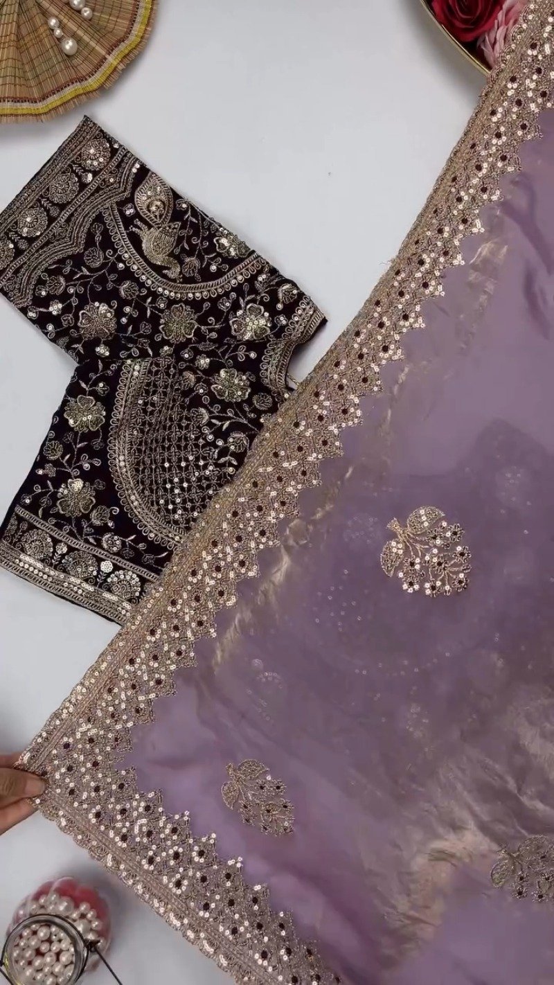 Opulent Sequin-Embroidered Saree with Heavily Embellished Blouse – Available in Sky Blue & Maroon