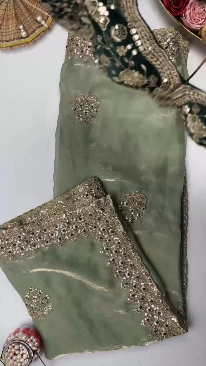 Opulent Sequin-Embroidered Saree with Heavily Embellished Blouse – Available in Sky Blue & Maroon - Image 2