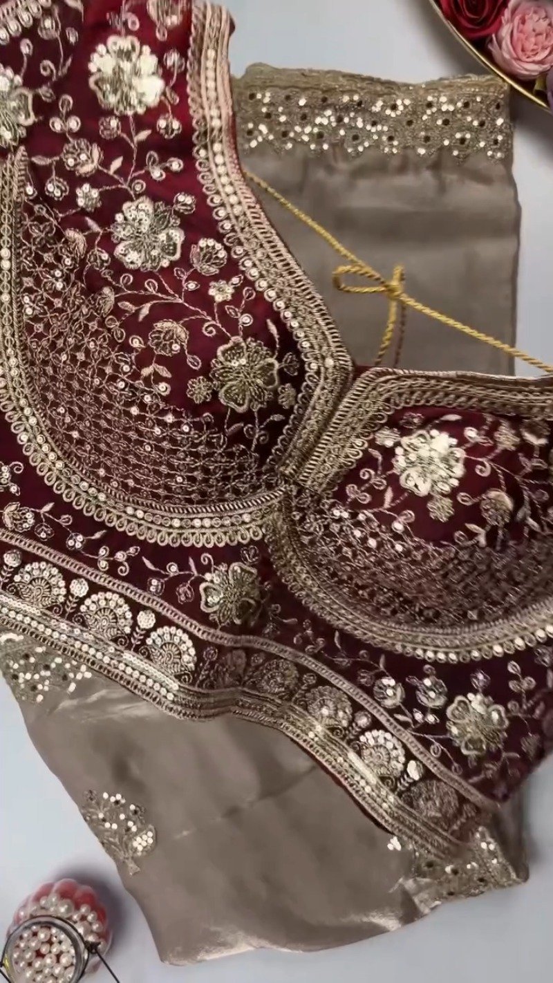 Opulent Sequin-Embroidered Saree with Heavily Embellished Blouse – Available in Sky Blue & Maroon - Image 3