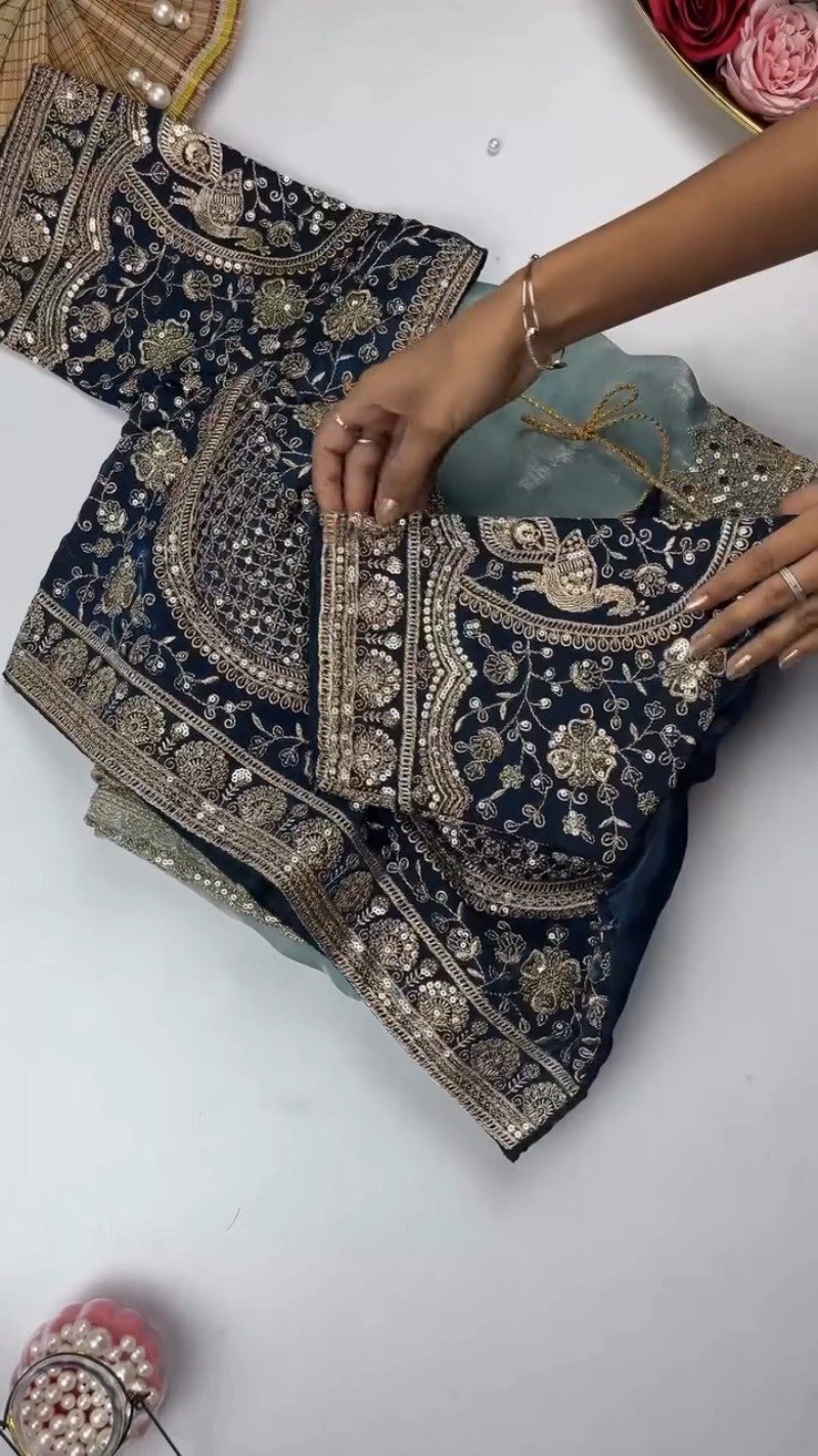 Opulent Sequin-Embroidered Saree with Heavily Embellished Blouse – Available in Sky Blue & Maroon - Image 4
