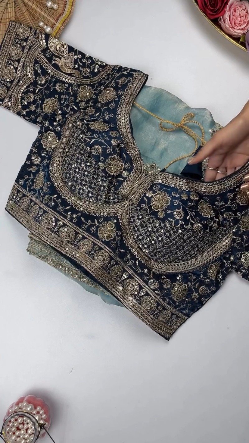Opulent Sequin-Embroidered Saree with Heavily Embellished Blouse – Available in Sky Blue & Maroon - Image 5