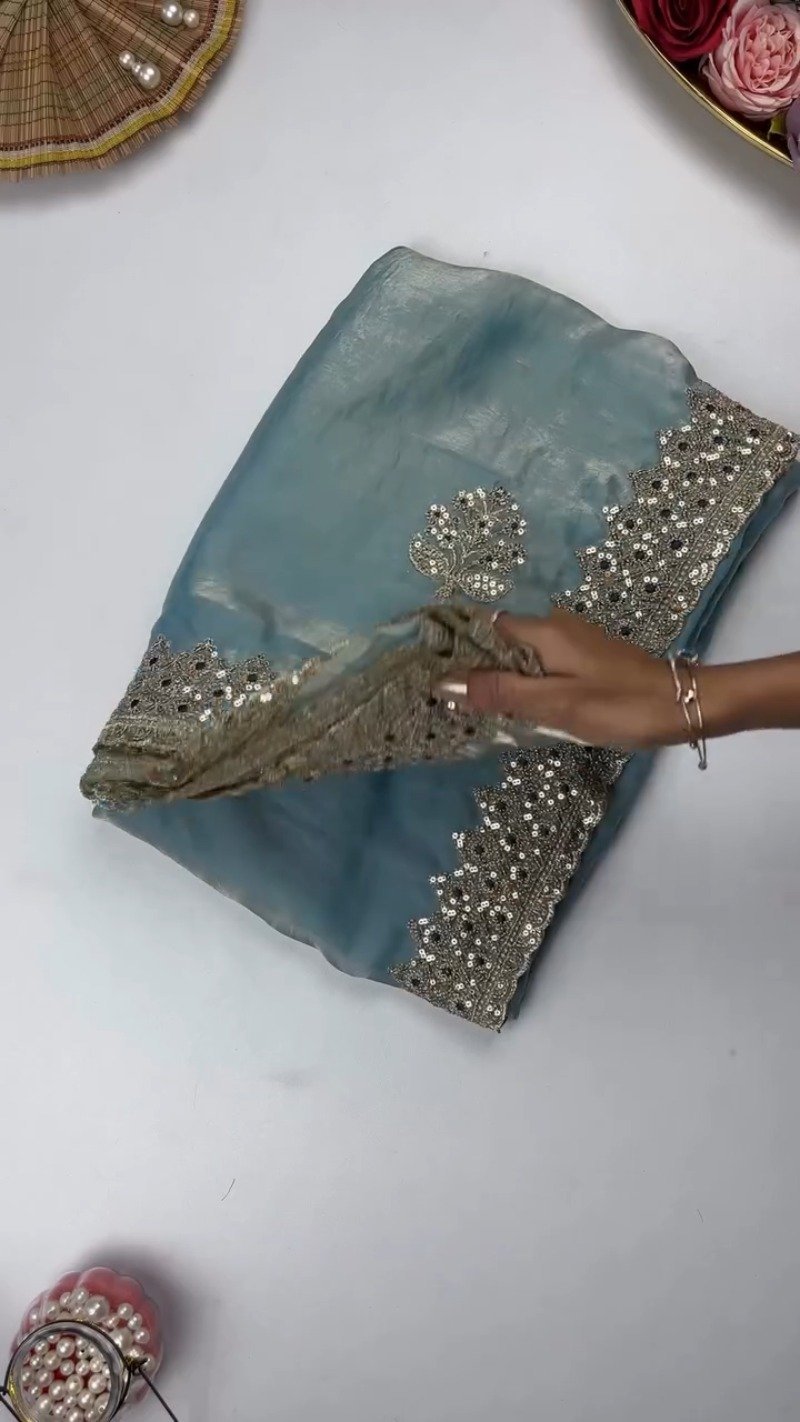 Opulent Sequin-Embroidered Saree with Heavily Embellished Blouse – Available in Sky Blue & Maroon - Image 6