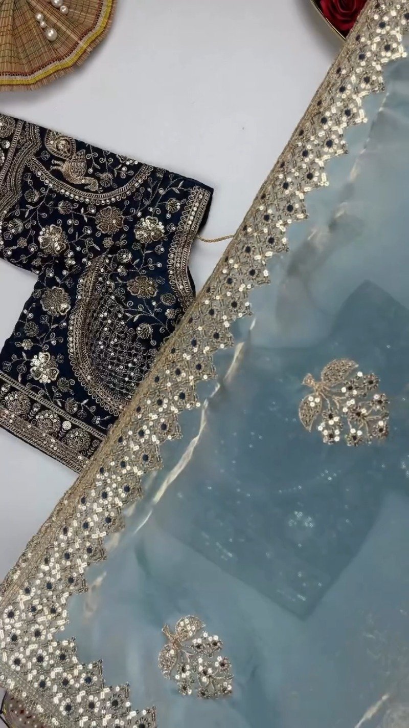 Opulent Sequin-Embroidered Saree with Heavily Embellished Blouse – Available in Sky Blue & Maroon - Image 8