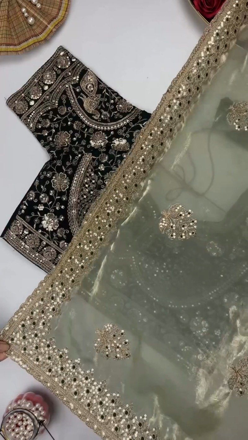 Opulent Sequin-Embroidered Saree with Heavily Embellished Blouse – Available in Sky Blue & Maroon - Image 9
