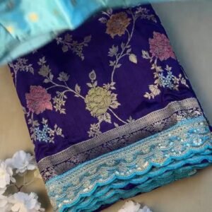 Royal Purple & Sky Blue Scalloped Border Banarasi Silk Saree Set – Available in Royal Purple & Sky Blue
