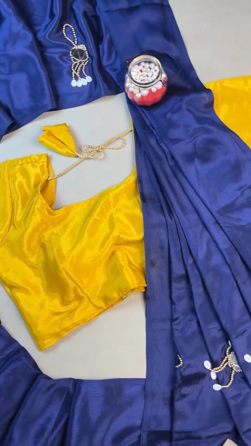 Midnight Blue Silk Saree with Vibrant Yellow Blouse – Handcrafted Mirror & Shell Embellishments