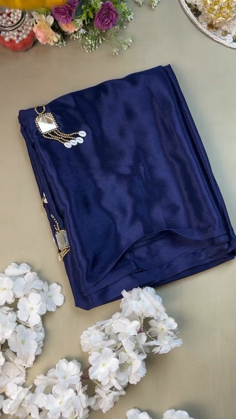 Midnight Blue Silk Saree with Vibrant Yellow Blouse – Handcrafted Mirror & Shell Embellishments - Image 2