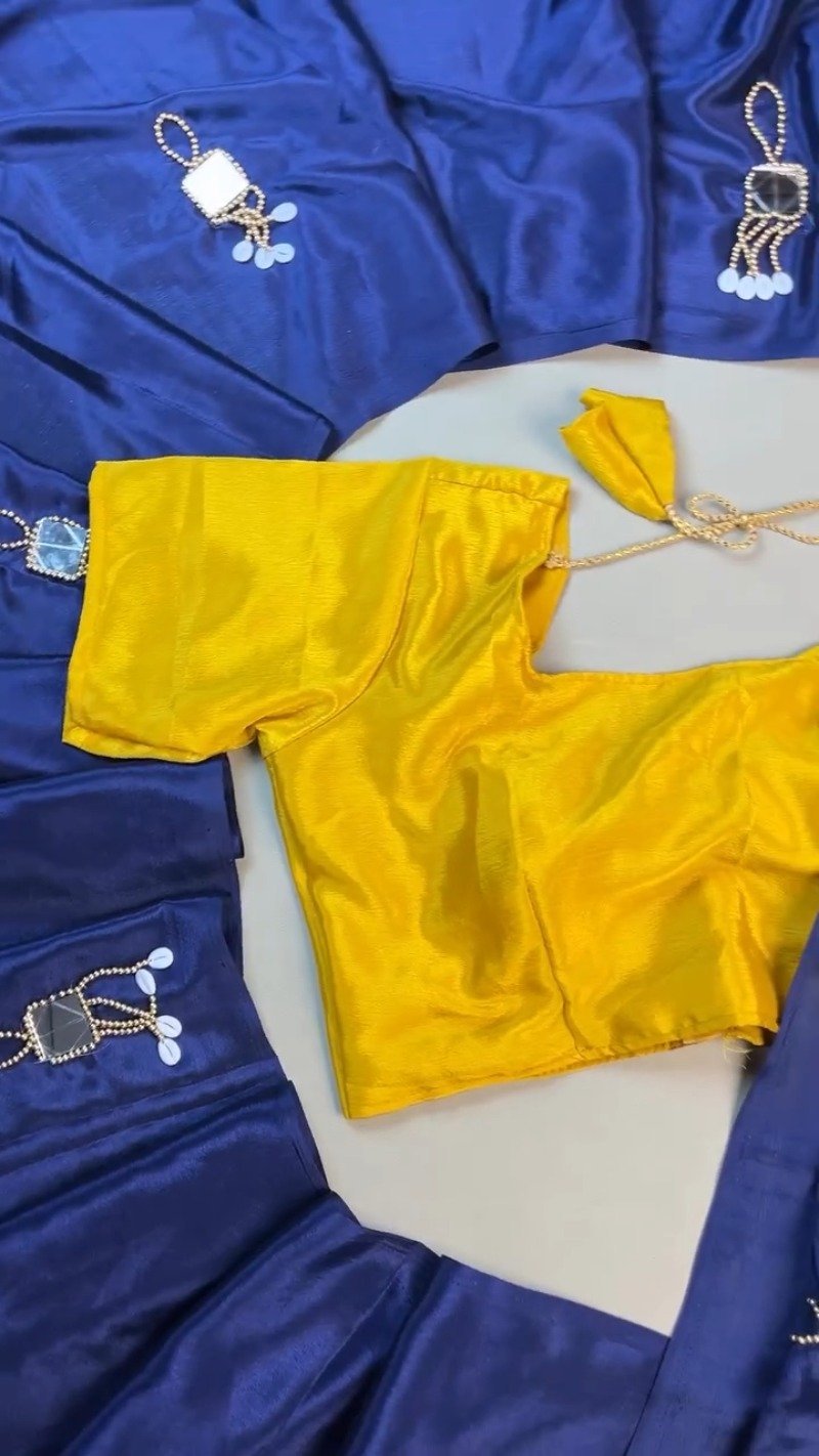Midnight Blue Silk Saree with Vibrant Yellow Blouse – Handcrafted Mirror & Shell Embellishments - Image 5