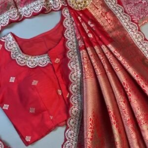 Radiant Crimson Banarasi Silk Saree with Scalloped Sequin Border – Exclusive Ethnic Ensemble