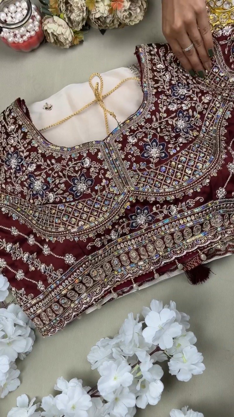 Midnight Maroon & Ivory Royal Embroidered Saree Set – Available in Maroon & Ivory - Image 2