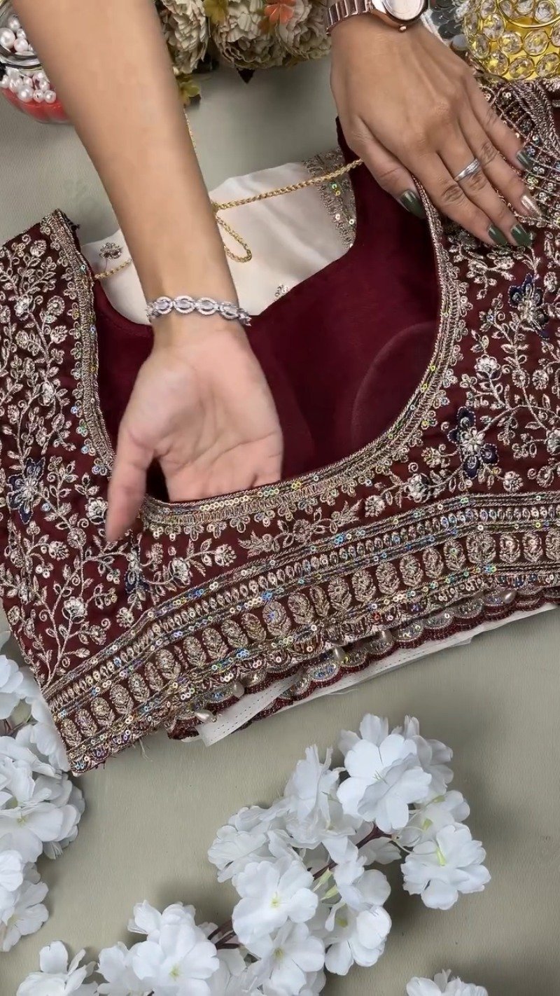 Midnight Maroon & Ivory Royal Embroidered Saree Set – Available in Maroon & Ivory - Image 3