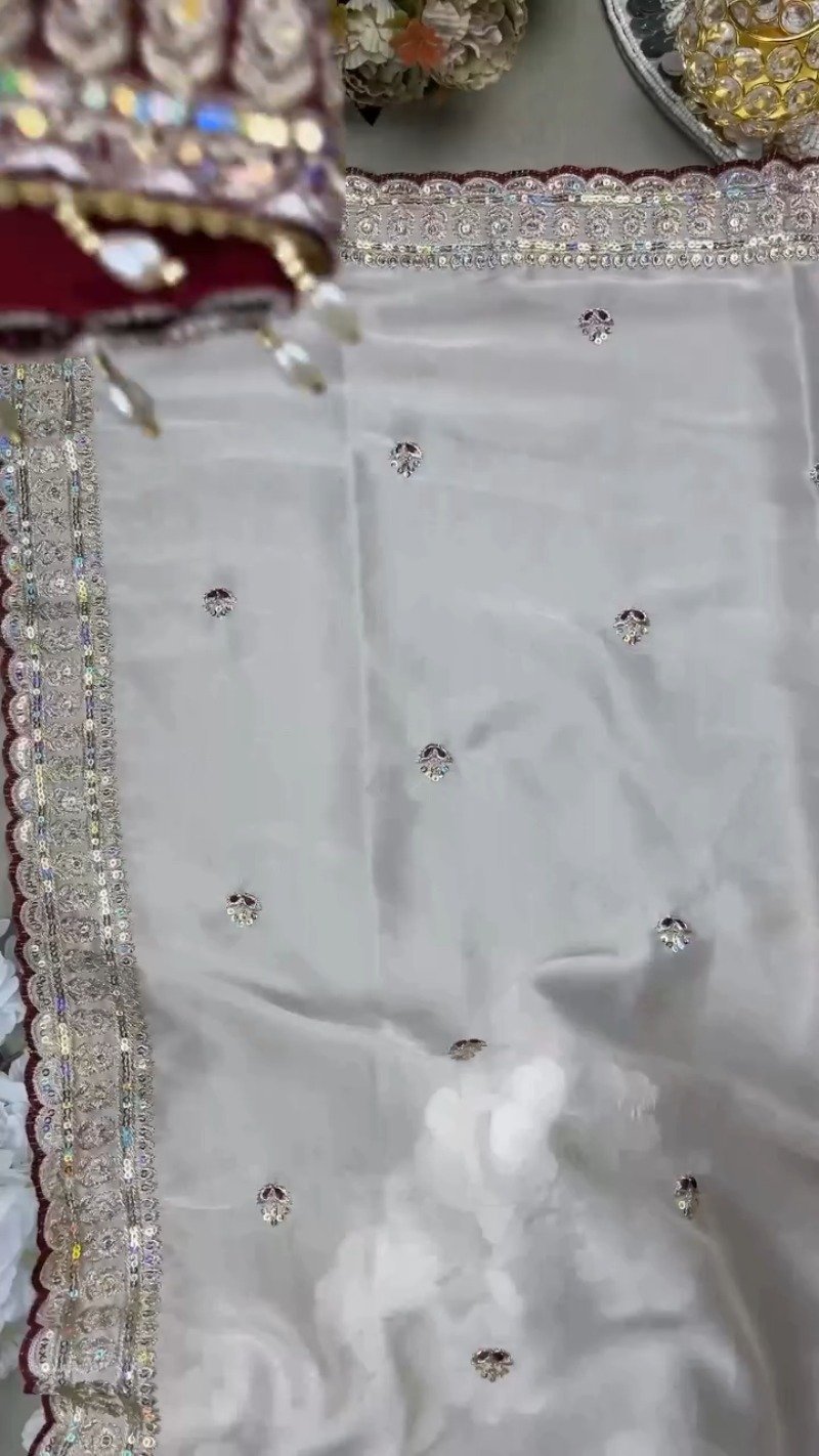 Midnight Maroon & Ivory Royal Embroidered Saree Set – Available in Maroon & Ivory - Image 4