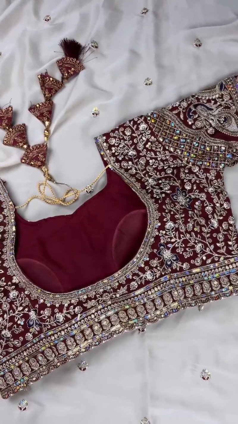 Midnight Maroon & Ivory Royal Embroidered Saree Set – Available in Maroon & Ivory - Image 5