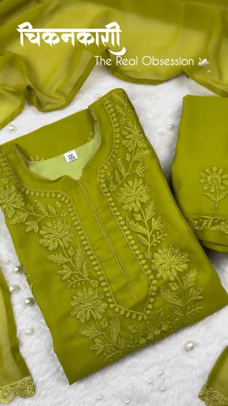 Olive Green Hand-Embroidered Chikankari Kurta Set