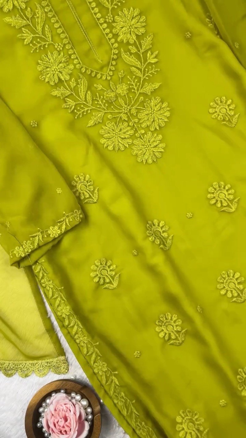 Olive Green Hand-Embroidered Chikankari Kurta Set - Image 5