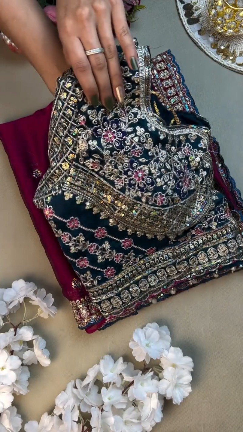 Opulent Velvet & Silk Blend Designer Lehenga Set – Available in Midnight Blue & Royal Wine - Image 2
