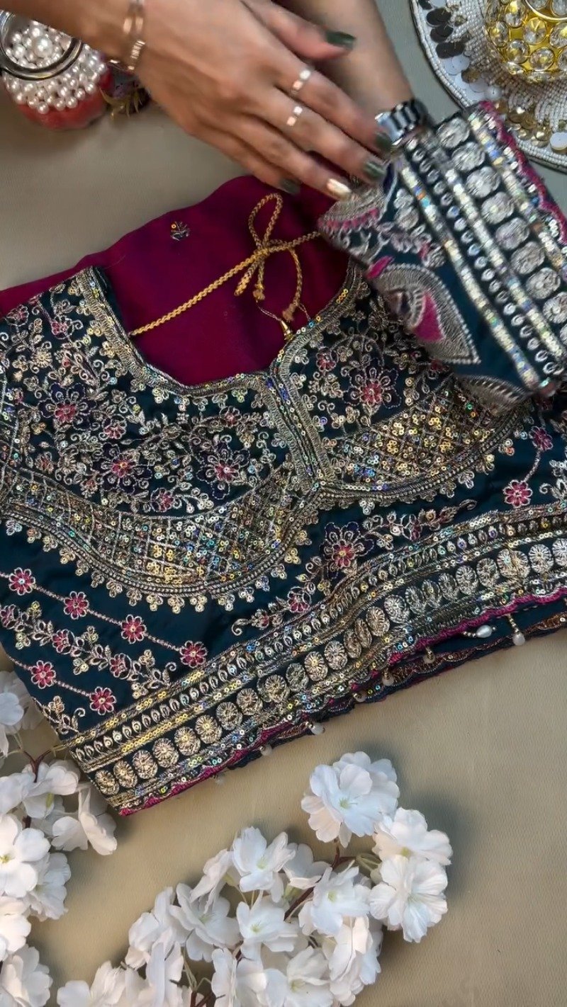 Opulent Velvet & Silk Blend Designer Lehenga Set – Available in Midnight Blue & Royal Wine - Image 3