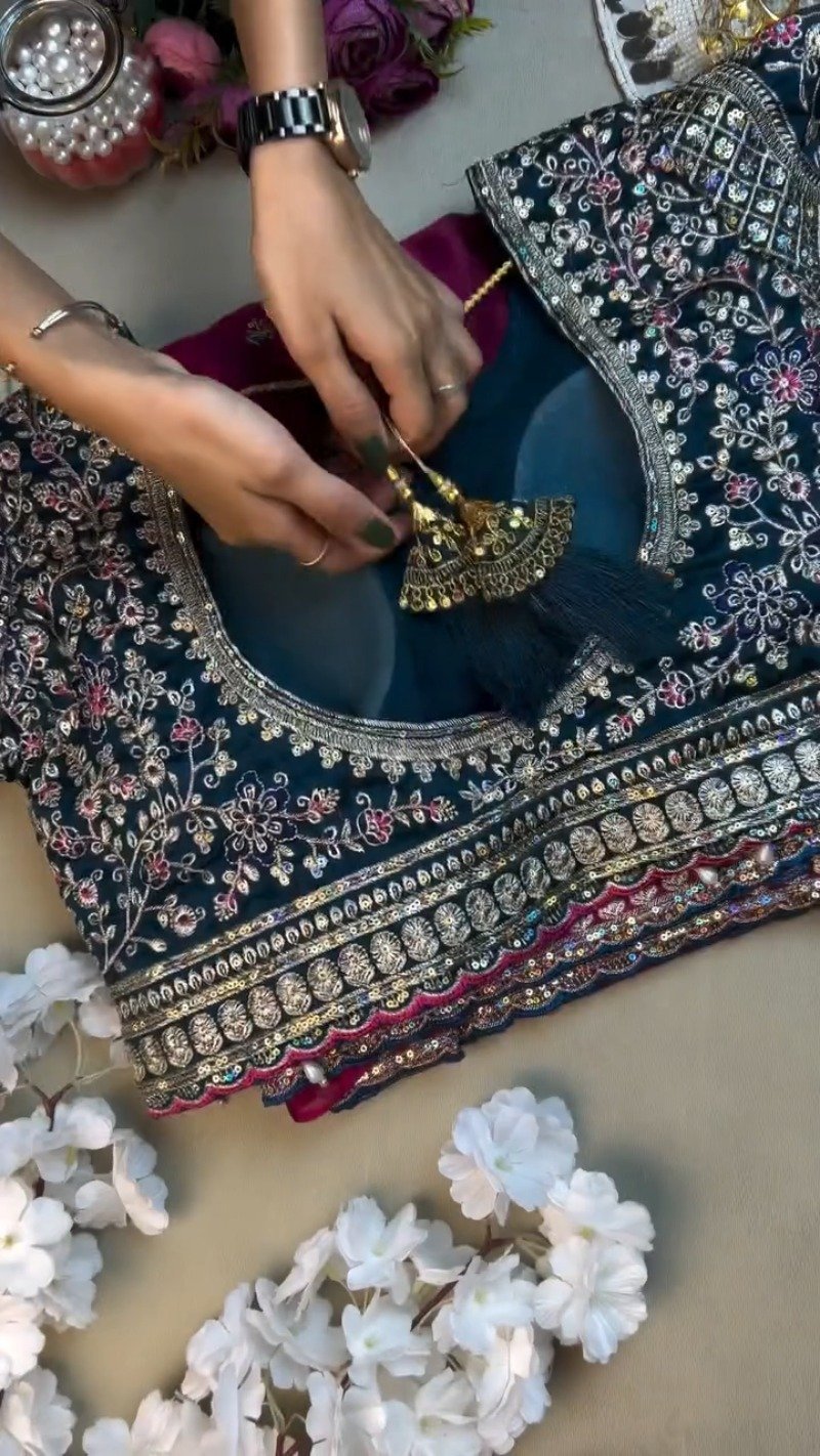 Opulent Velvet & Silk Blend Designer Lehenga Set – Available in Midnight Blue & Royal Wine - Image 4