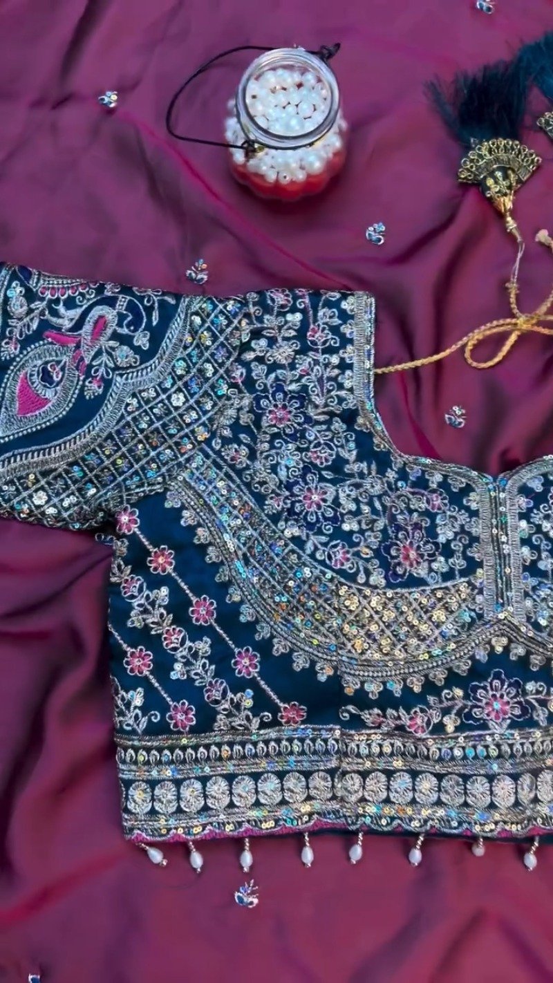 Opulent Velvet & Silk Blend Designer Lehenga Set – Available in Midnight Blue & Royal Wine - Image 7