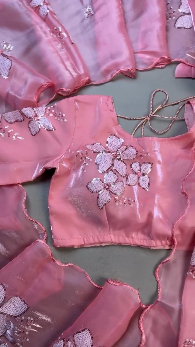 Blush Pink Floral Sequin Embroidered Saree Set – Elegance in Every Drape