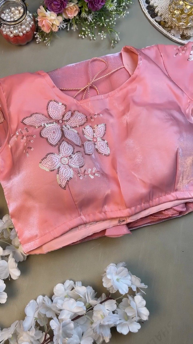 Blush Pink Floral Sequin Embroidered Saree Set – Elegance in Every Drape - Image 2