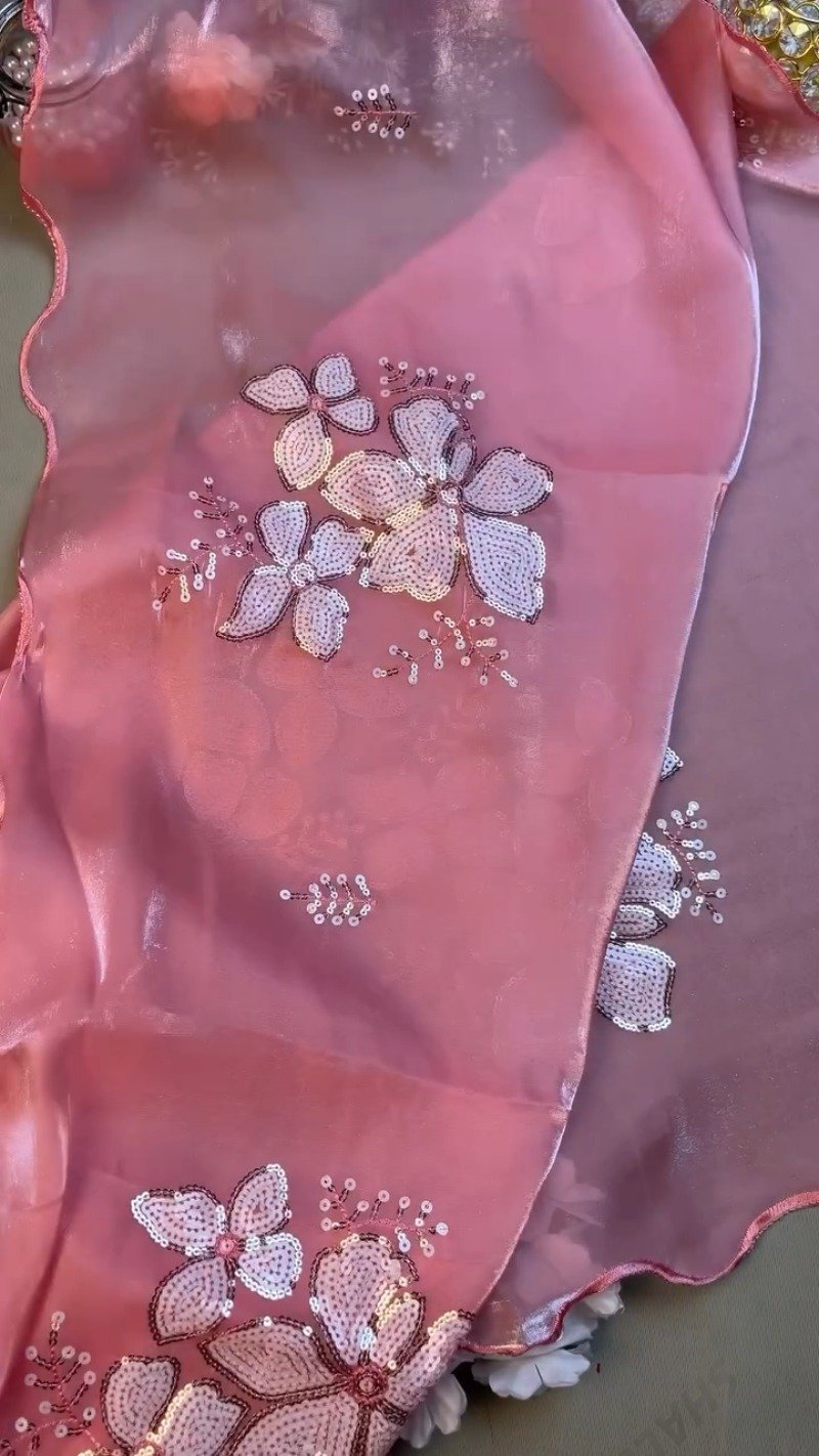 Blush Pink Floral Sequin Embroidered Saree Set – Elegance in Every Drape - Image 4