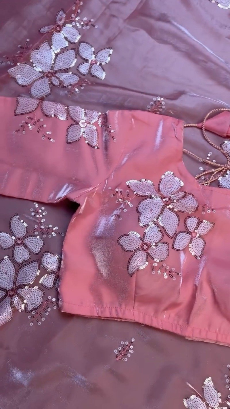 Blush Pink Floral Sequin Embroidered Saree Set – Elegance in Every Drape - Image 5