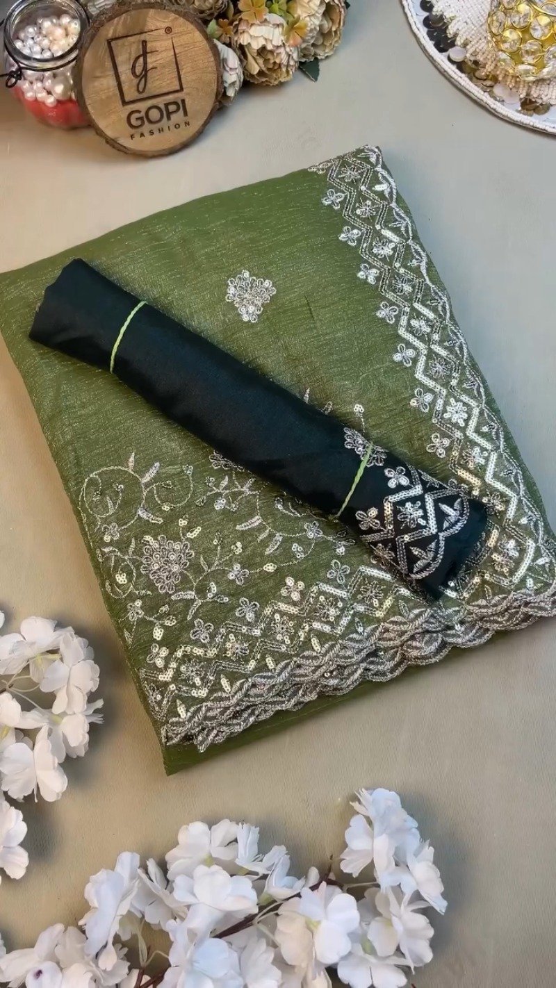 Forest Olive Sequinned Georgette Saree with Scalloped Embroidered Border