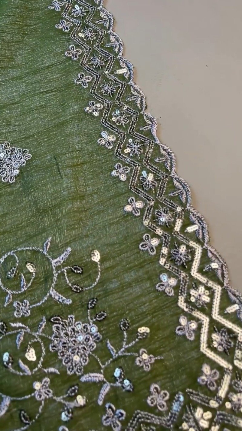 Forest Olive Sequinned Georgette Saree with Scalloped Embroidered Border - Image 3