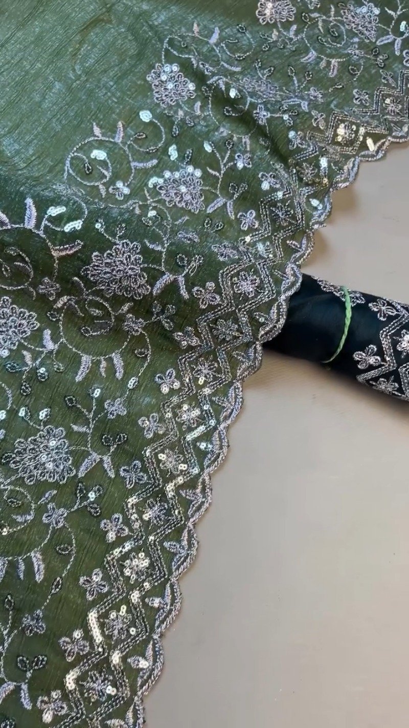Forest Olive Sequinned Georgette Saree with Scalloped Embroidered Border - Image 5