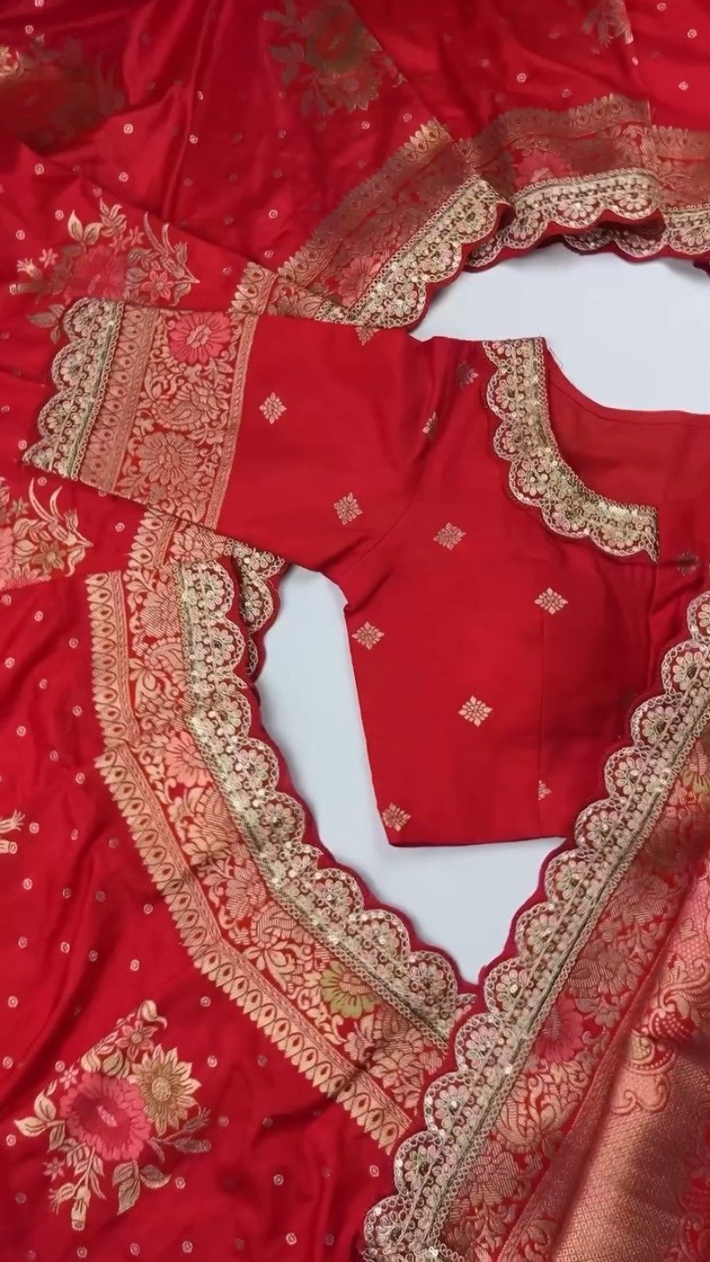 Exquisite Banarasi Scalloped Edge Saree & Blouse Set – Available in Cream, Black, Blue & Red