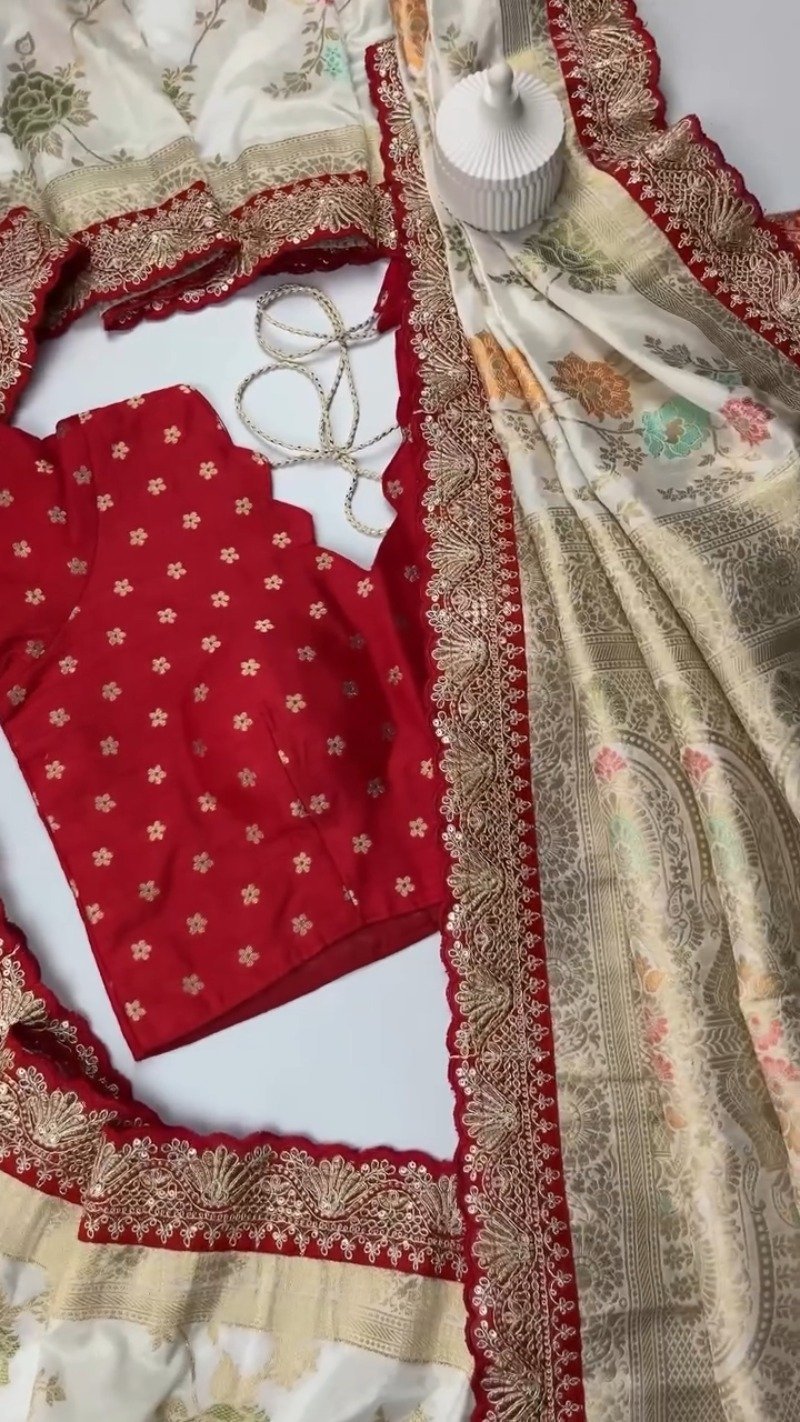 Exquisite Banarasi Scalloped Edge Saree & Blouse Set – Available in Cream, Black, Blue & Red - Image 6
