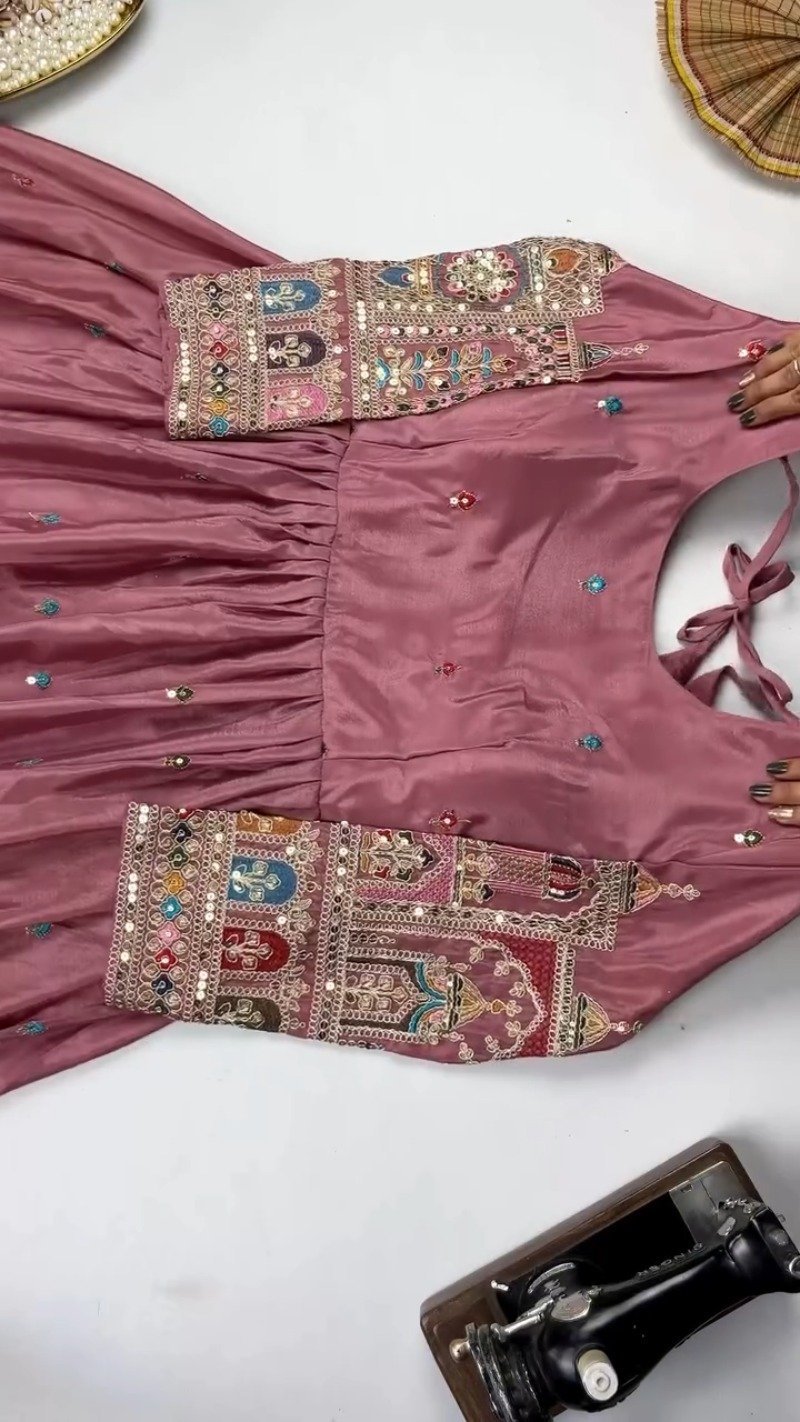 Elegant Mirror-Work Anarkali Kurta Set – Available in Sage Green & Mauve Pink