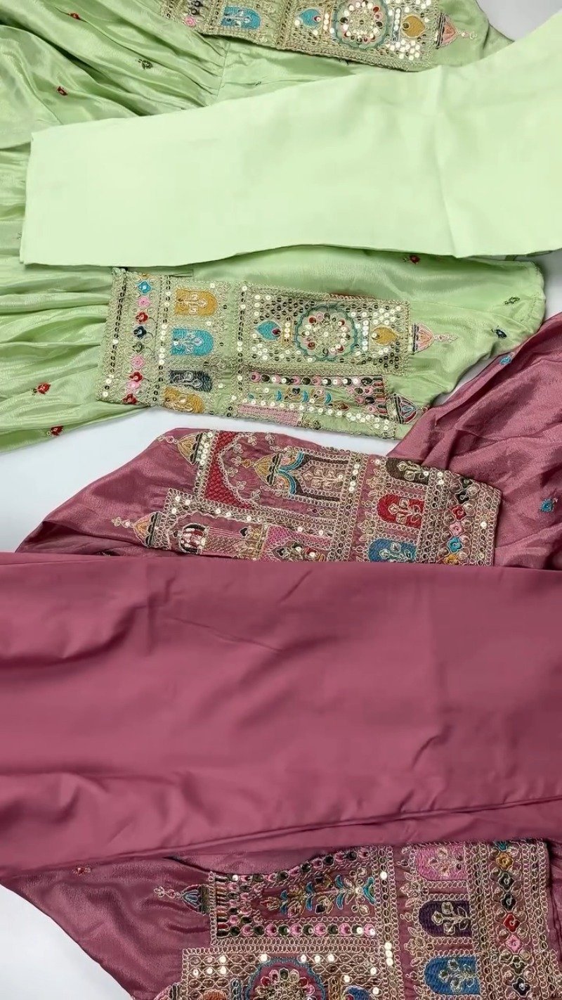 Elegant Mirror-Work Anarkali Kurta Set – Available in Sage Green & Mauve Pink - Image 3