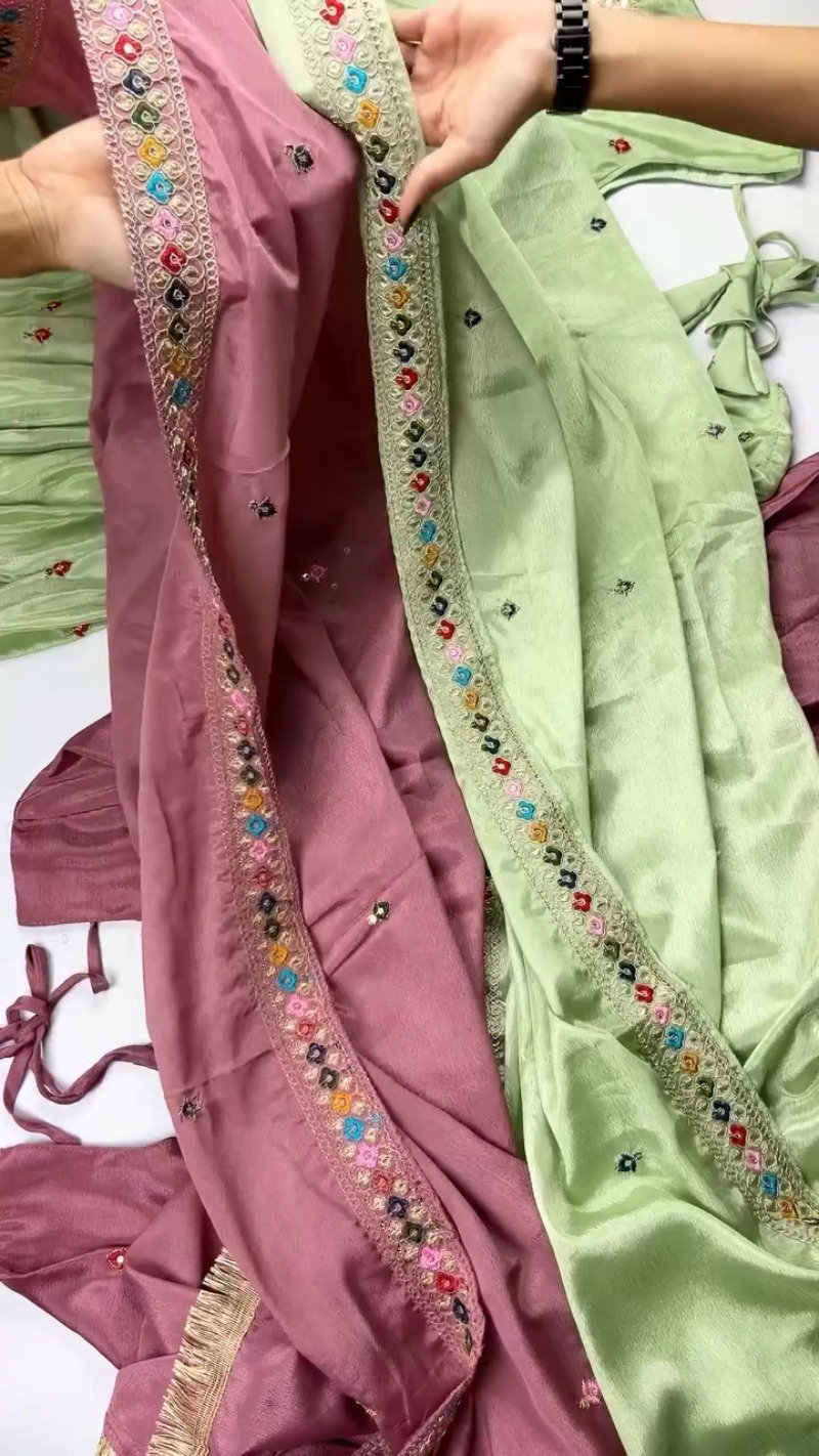 Elegant Mirror-Work Anarkali Kurta Set – Available in Sage Green & Mauve Pink - Image 4