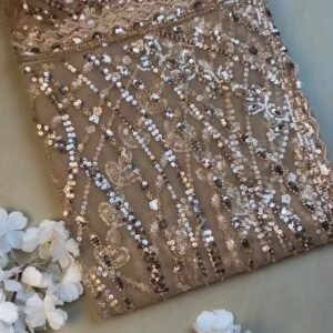 Opulent Champagne Shimmer Sequin-Embellished Net Saree – A Masterpiece of Glitz
